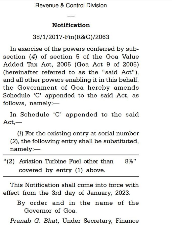 Goa notifies reduction in VAT on Aviation Turbine Fuel from 18 % to 8 %