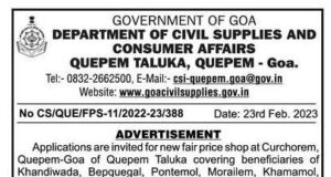 Application invited for setting up new fair price shop at Curchorem