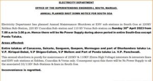 No power supply to entire South Goa except Ponda Taluka from 7 am to 3 pm on April 30