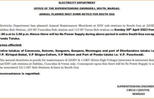 No power supply to entire South Goa except Ponda Taluka from 7 am to 3 pm on April 30