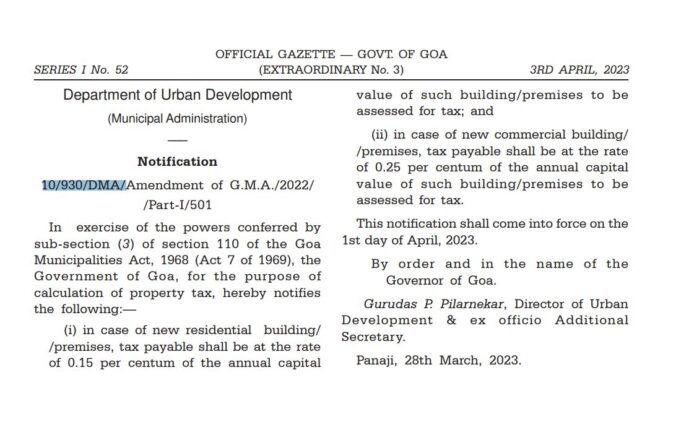 Goa govt notifies new property tax rates for residential and commercial premises under Municipal areas