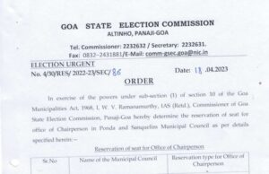 Sanquelim municipality chairperson post reserved for woman