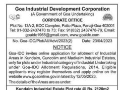 GIDC invites applications for allotment of Industrial plots at Kundaim, Cuncolim and Madkaim