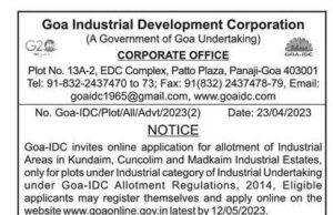 GIDC invites applications for allotment of Industrial plots at Kundaim, Cuncolim and Madkaim