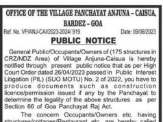 Anjuna Panchayat issues notices to 175 structures falling under CRZ/NDZ