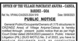Anjuna Panchayat issues notices to 175 structures falling under CRZ/NDZ