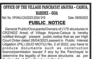 Anjuna Panchayat issues notices to 175 structures falling under CRZ/NDZ