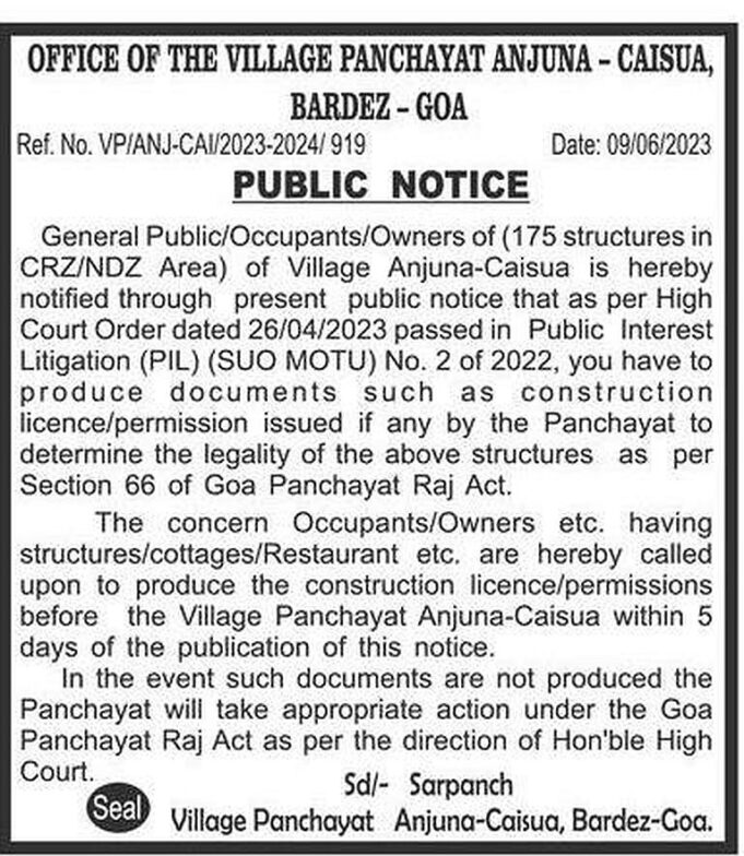 Anjuna Panchayat issues notices to 175 structures falling under CRZ/NDZ