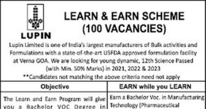 Pharma company Lupin announces 100 vacancies under ‘Learn and Earn’ scheme
