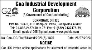 GIDC invites applications for allotment of 3 plots at Cuncolim Industrial Estate