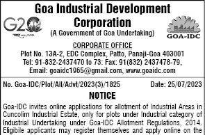 GIDC invites applications for allotment of 3 plots at Cuncolim Industrial Estate