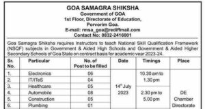 64 NSQF instructors to be appointed on contract basis under Goa Samagra Shiksha