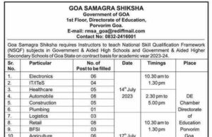 64 NSQF instructors to be appointed on contract basis under Goa Samagra Shiksha