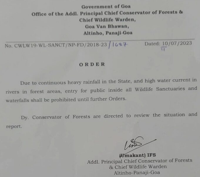 Forest dept bans entry for public inside all Wildlife Sanctuaries and waterfalls in Goa
