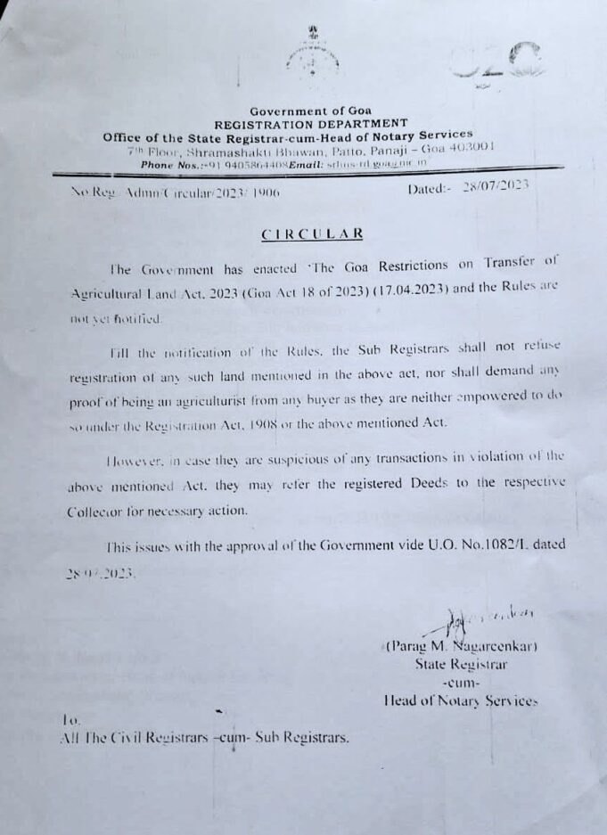 Allow sale of agriculture land till rules of law banning such sale are notified, Sub Registrars told