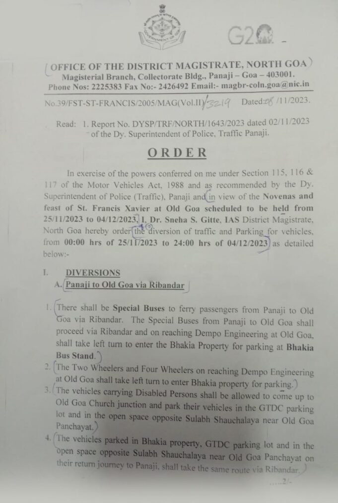 Traffic to be diverted from Nov 25 to Dec 4 in view of Old Goa Novenas and feast
