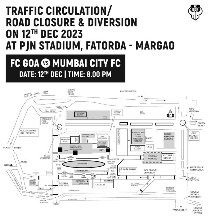 Traffic to be diverted in view of ISL match at Fatorda stadium tomorrow