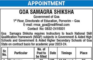 Goa Samagra Shiksha announces 17 instructor vacancies