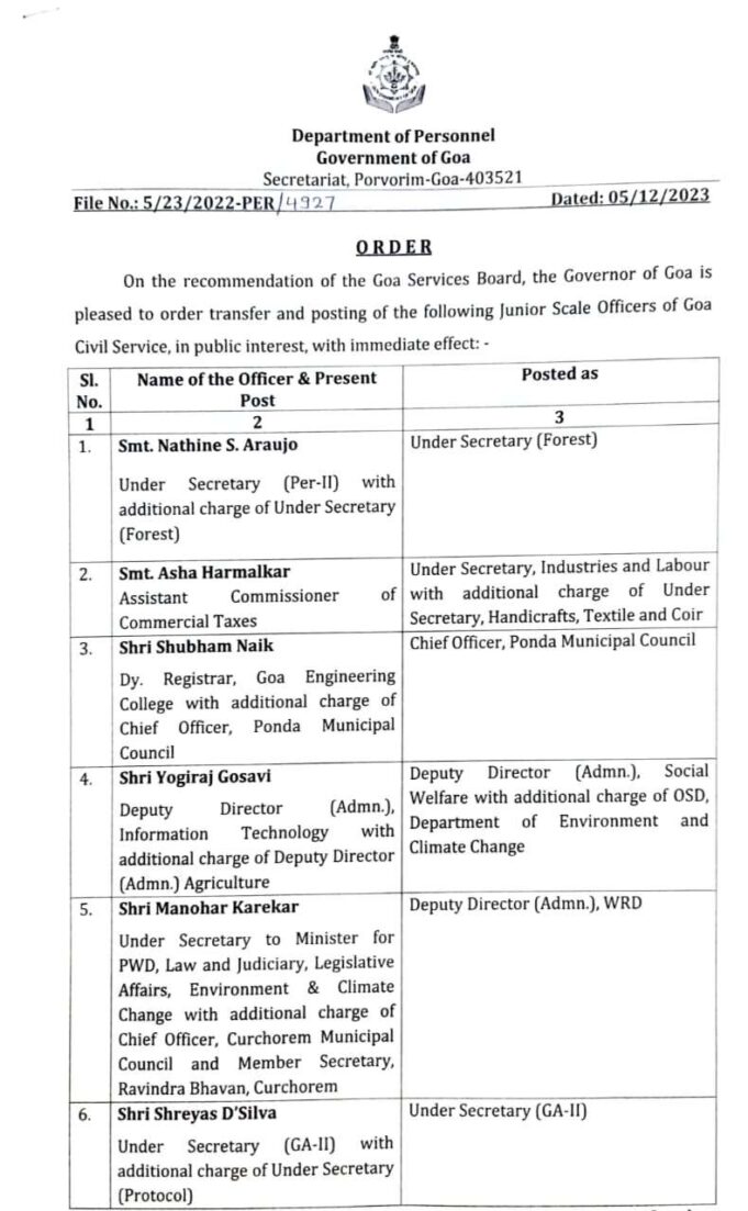 38 Junior Scale Officials of Goa Civil Service transferred