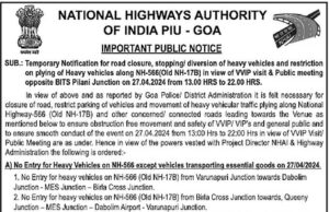 Road closure and diversion announced in view of PM Modi’s poll campaign meet at Sancoale tomorrow