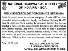 NHAI issues 48 hours eviction notice to highway encroachers from Verna Junction to Varunapuri Junction
