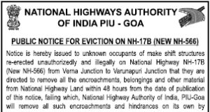 NHAI issues 48 hours eviction notice to highway encroachers from Verna Junction to Varunapuri Junction