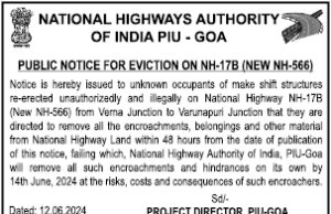 NHAI issues 48 hours eviction notice to highway encroachers from Verna Junction to Varunapuri Junction