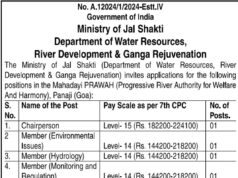 Union Jal Shakti Ministry invites applications for 6 Mahadayi PRAWAH posts yet again