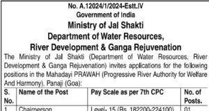 Union Jal Shakti Ministry invites applications for 6 Mahadayi PRAWAH posts yet again