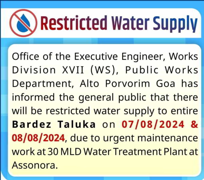 Restricted water supply to Bardez on Aug 7th & 8th