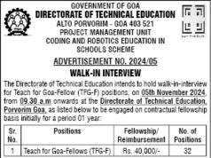 DTE announces walk-in-interview on Nov 5 to appoint 32 TFG Fellows