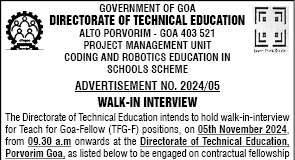 DTE announces walk-in-interview on Nov 5 to appoint 32 TFG Fellows