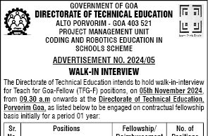 DTE announces walk-in-interview on Nov 5 to appoint 32 TFG Fellows