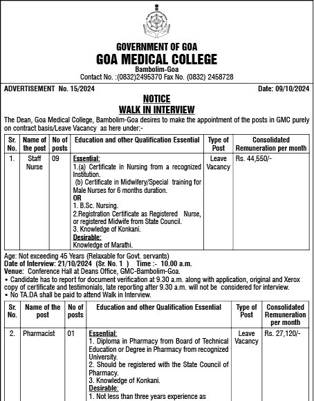 GMC announces 19 contract basis vacancies