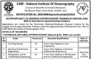 NIO announces walk-in interviews for 25 apprenticeship posts