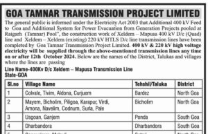 Tamnar to activate new Xeldem-Mapusa Transmission line any time from Oct 12, asks public to exercise caution
