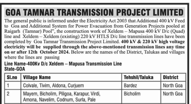 Tamnar to activate new Xeldem-Mapusa Transmission line any time from Oct 12, asks public to exercise caution