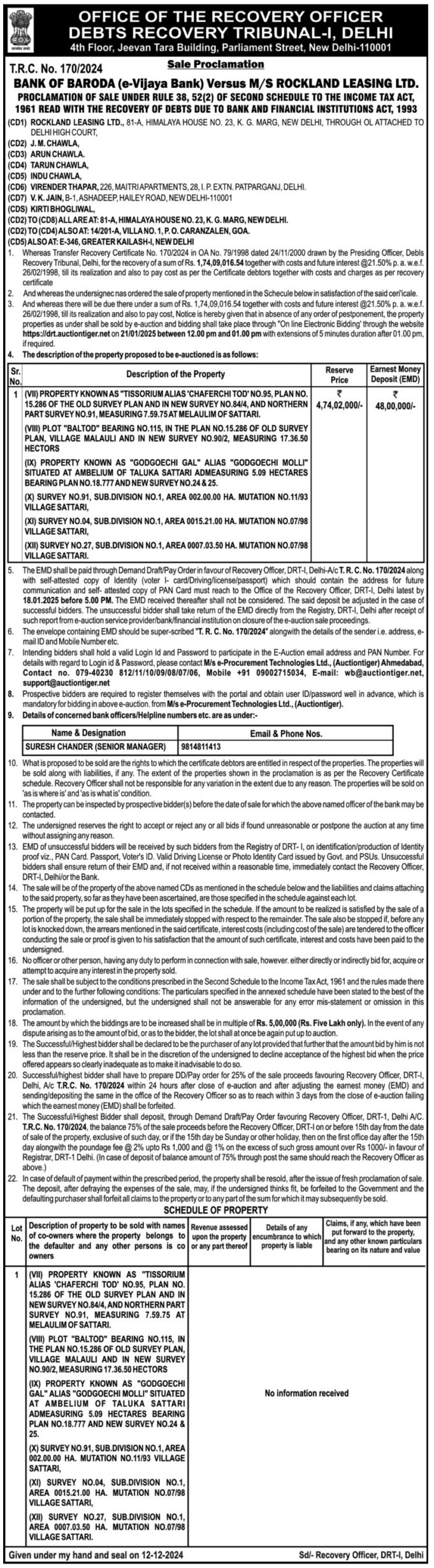 E-Auction of 9 Sattari properties