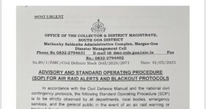 South Goa Collector issues advisory, SOP for air raid alerts and blackout protocols as precautionary measures