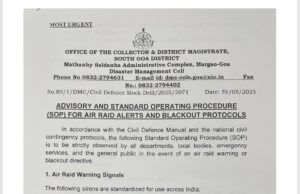 South Goa Collector issues advisory, SOP for air raid alerts and blackout protocols as precautionary measures