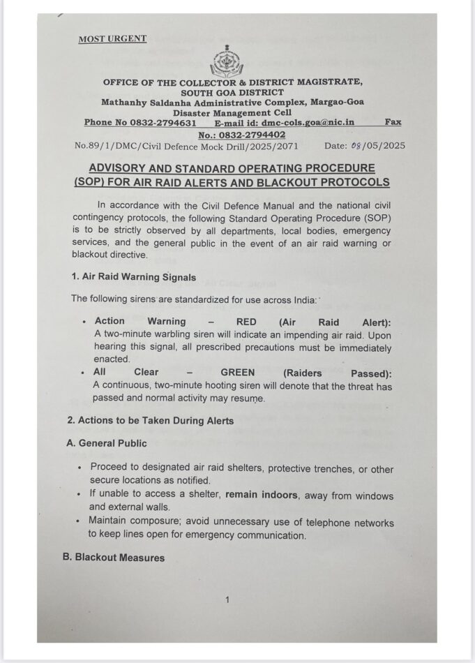 South Goa Collector issues advisory, SOP for air raid alerts and blackout protocols as precautionary measures