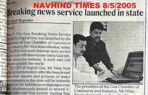The Navhind Times reported launch of Digital Goa Breaking News Service, 20 years back