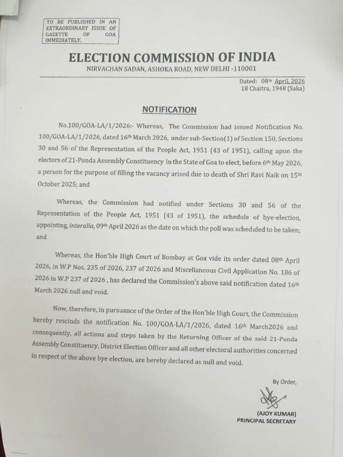 High Court cancels Ponda by-elections scheduled for April 9