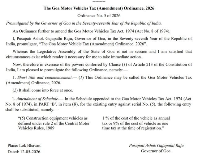 Goa revises tax for construction equipment vehicles