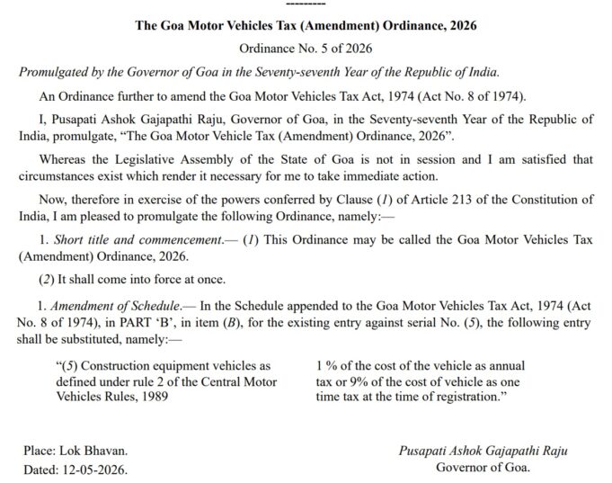 Goa revises tax for construction equipment vehicles