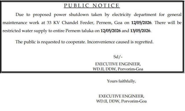 Restricted water supply in Pernem taluka on May 12 and 13