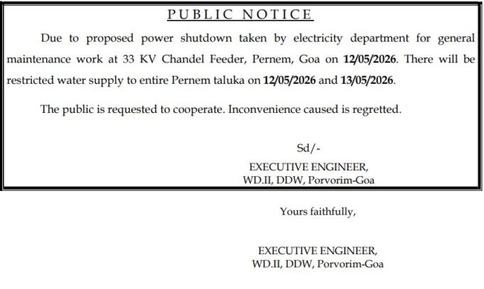Restricted water supply in Pernem taluka on May 12 and 13
