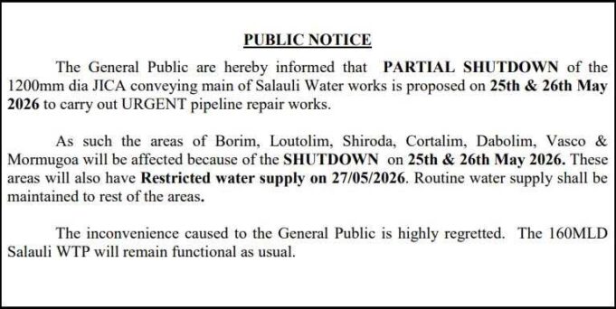 Salauli pipeline repair to disrupt water supply in parts of Goa from May 25 to 27
