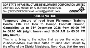 Old Goa–Gaundalim road closure for ROB work extended till December 31