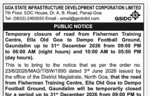 Old Goa–Gaundalim road closure for ROB work extended till December 31